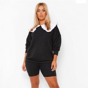 NWT ELODIE Womens Black Babydoll Sweatshirt White Peter Pan Collar Sz M